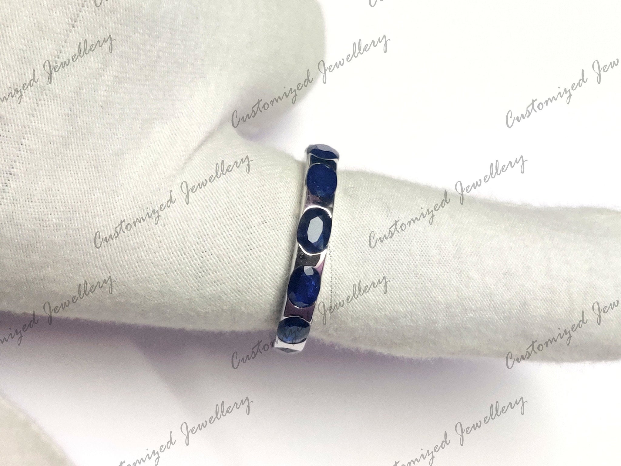 Silver Eternity Sapphire Band Natural Blue Sapphire Ring 4x6 mm Oval Sapphire Eternity Engagement Ring Natural Blue Sapphire Wedding Band
