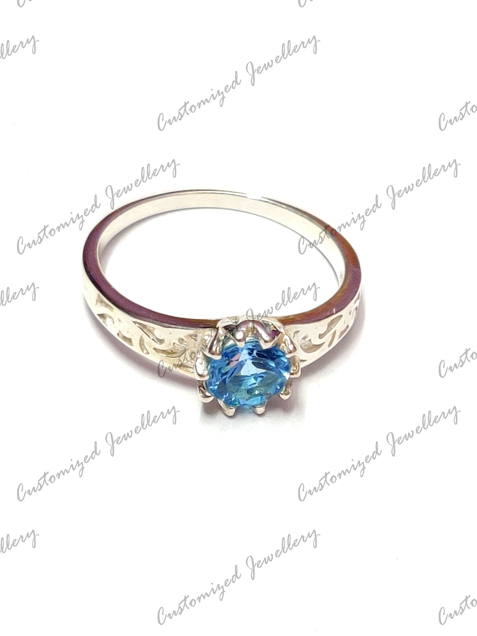 Silver Swiss Blue Topaz Engagement Band Swiss Topaz Solitaire Ring Art Deco Swiss Topaz Anniversary Ring December Birthstone Ring