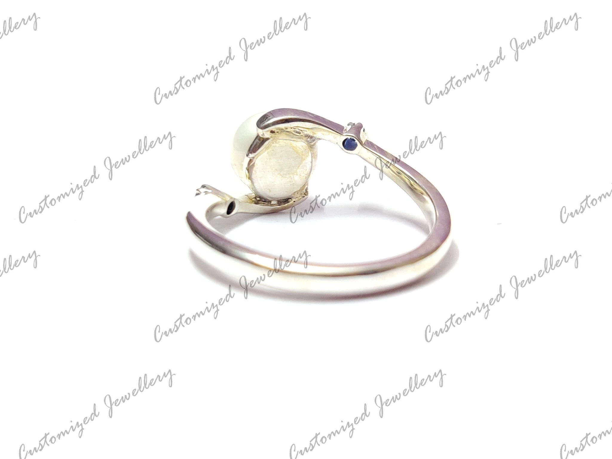 White Pearl Sapphire Band Silver Pearl Valentine Ring Pearl Promise Band Sterling Silver Pearl Band Pearl Solitaire Ring Handmade Ring