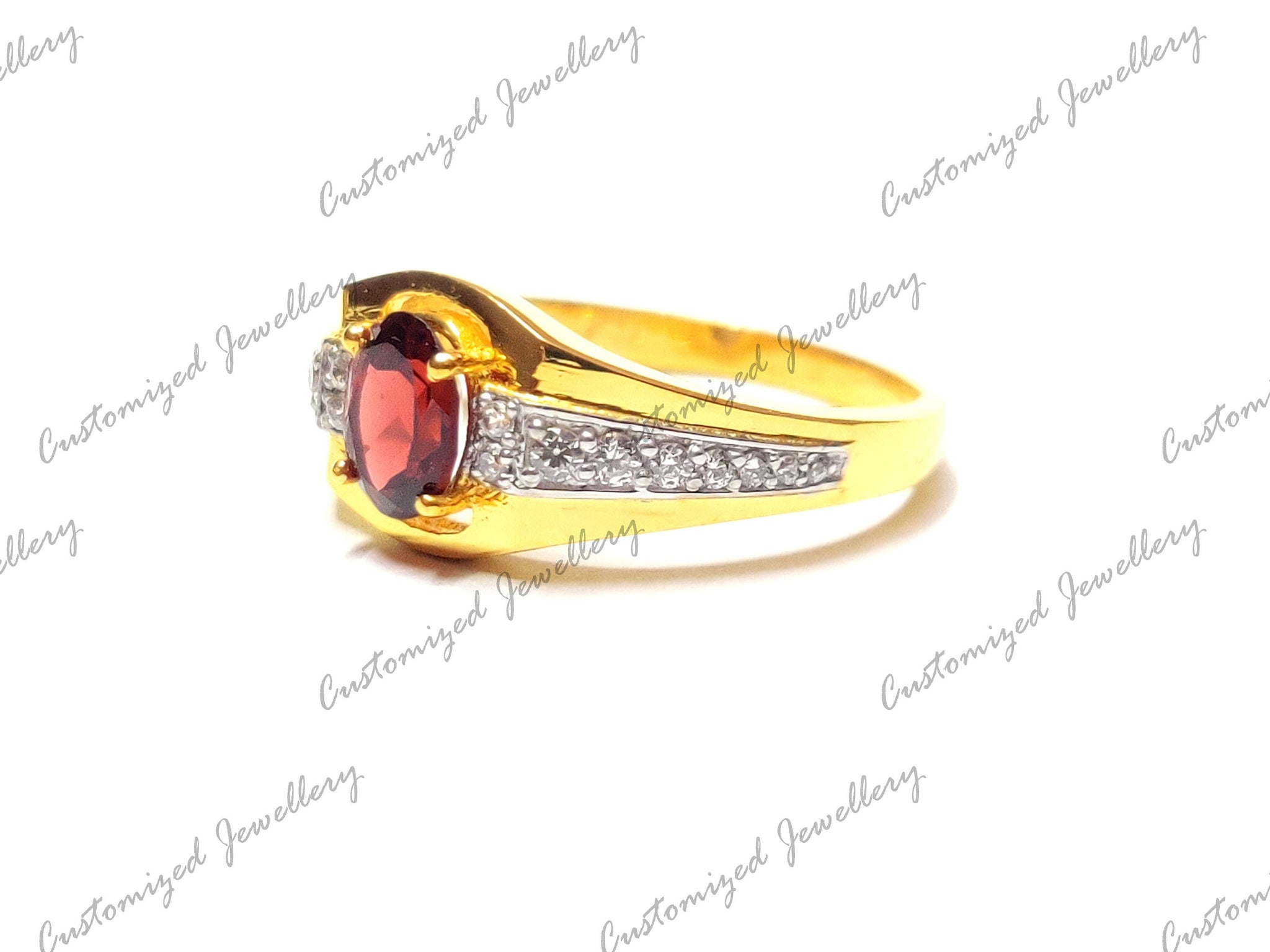 Gold Garnet Ring Sterling Silver Gold Plated Garnet Solitaire Ring January Birthstone Ring 6x8 mm Oval Garnet Band Valentine Day Gift