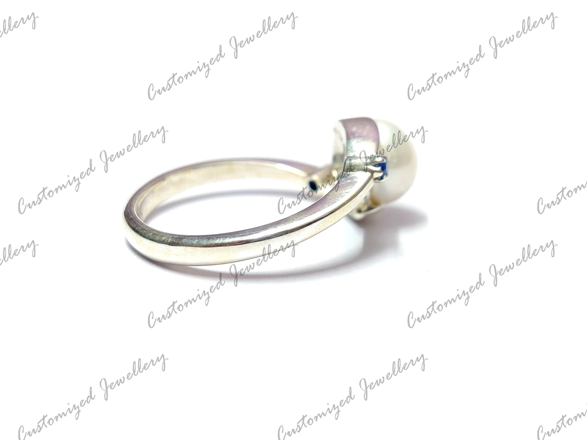 White Pearl Sapphire Band Silver Pearl Valentine Ring Pearl Promise Band Sterling Silver Pearl Band Pearl Solitaire Ring Handmade Ring