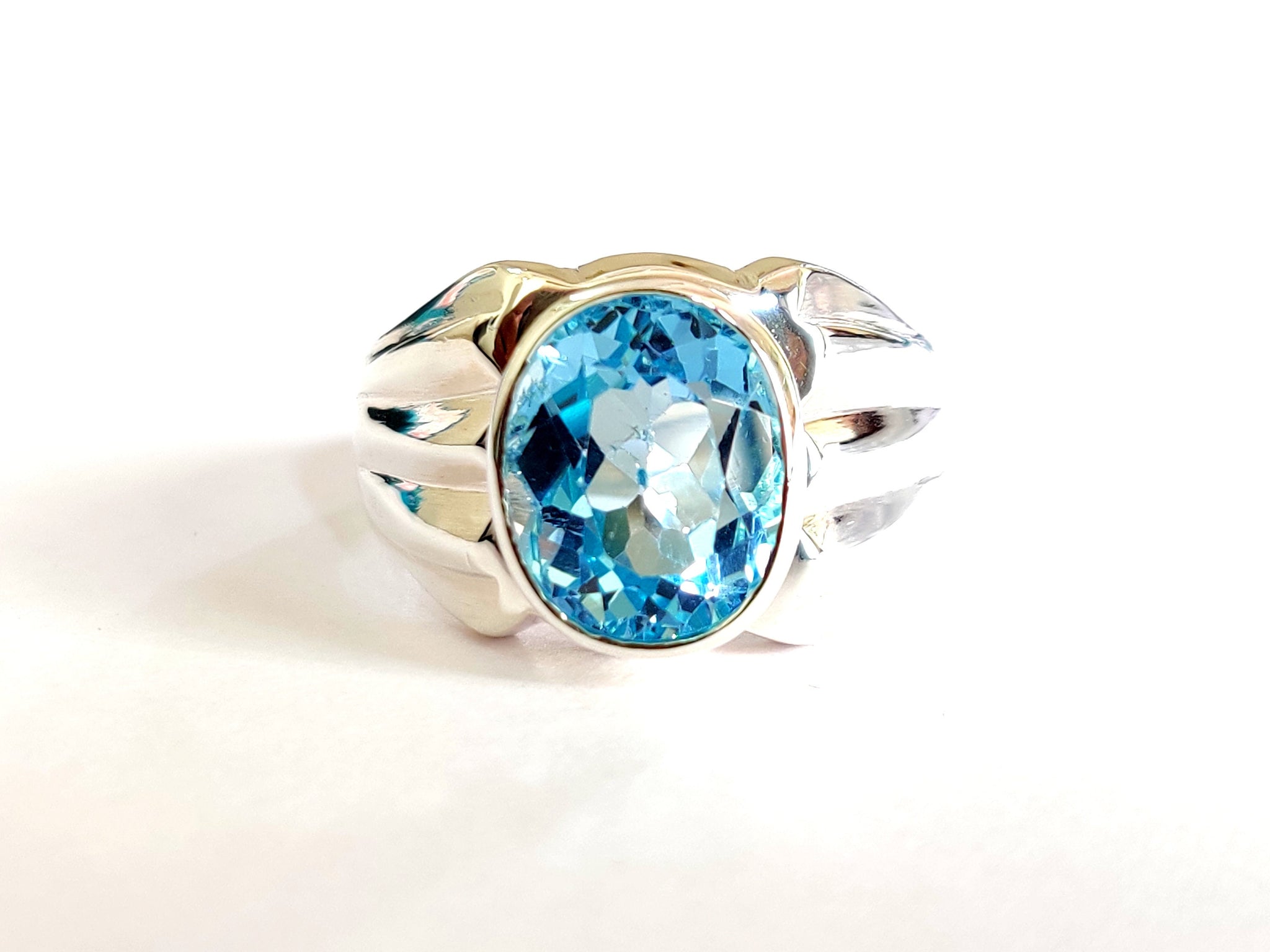 Big Blue Topaz Ring Large Swiss Blue Topaz Statement Ring 10x12 mm Oval Swiss Blue Topaz Mens Ring 6 Ct Swiss Topaz Band Men Blue Topaz Band