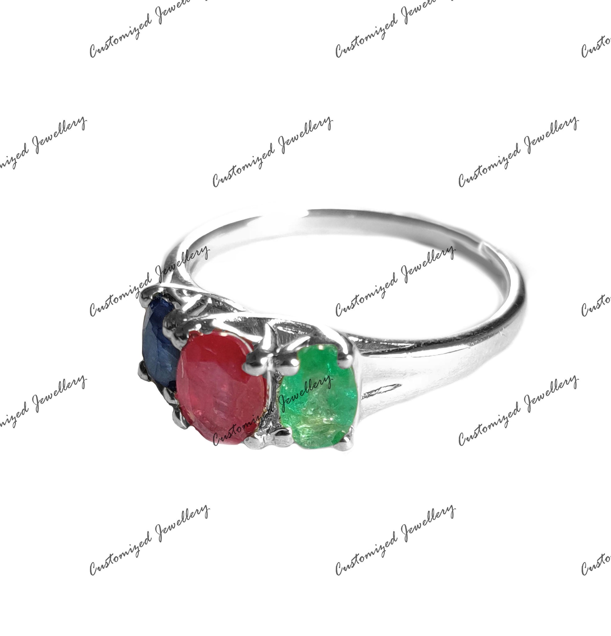 Silver Multistone Ring Ruby Sapphire Emerald Engagement Ring 3 Stonee Ring RGB Ring Silver Multistone Band High Quality Gemstone Ring