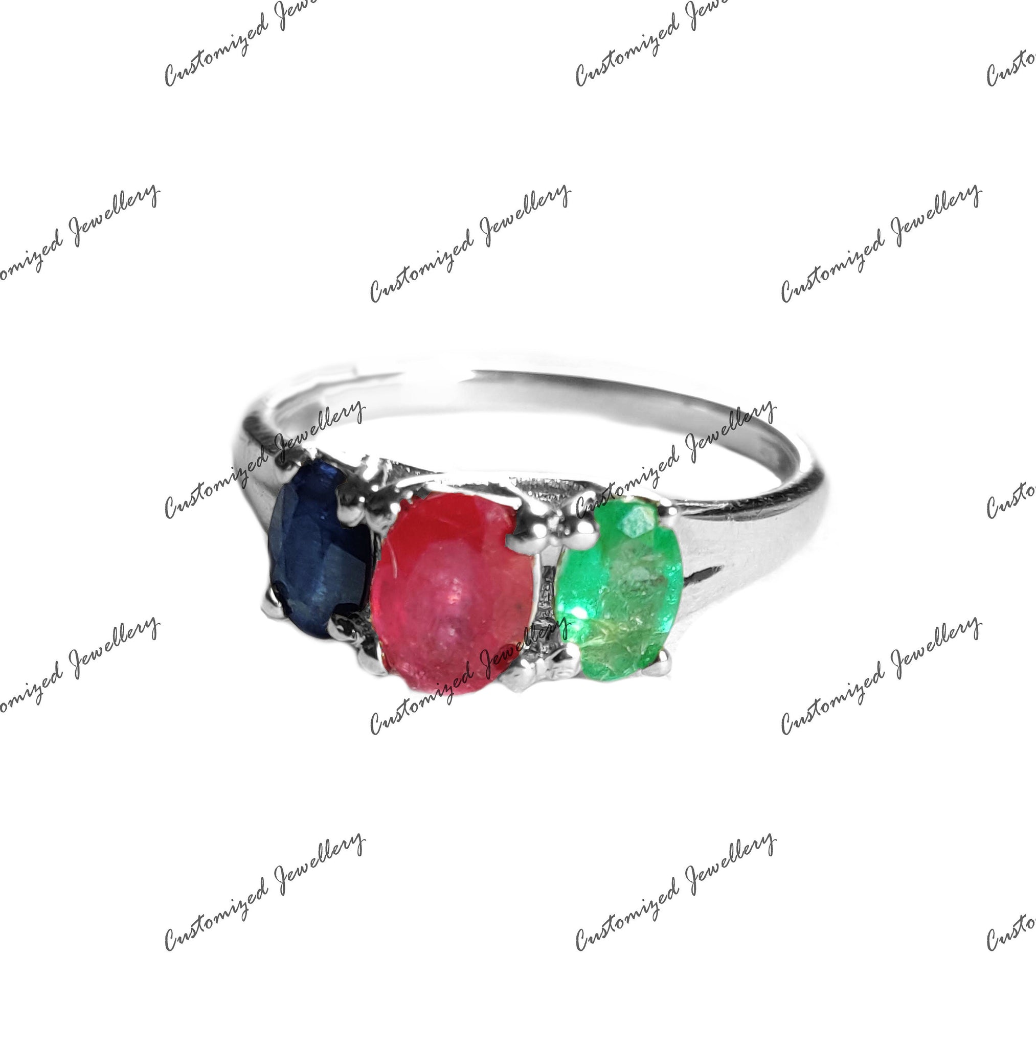 Silver Multistone Ring Ruby Sapphire Emerald Engagement Ring 3 Stonee Ring RGB Ring Silver Multistone Band High Quality Gemstone Ring