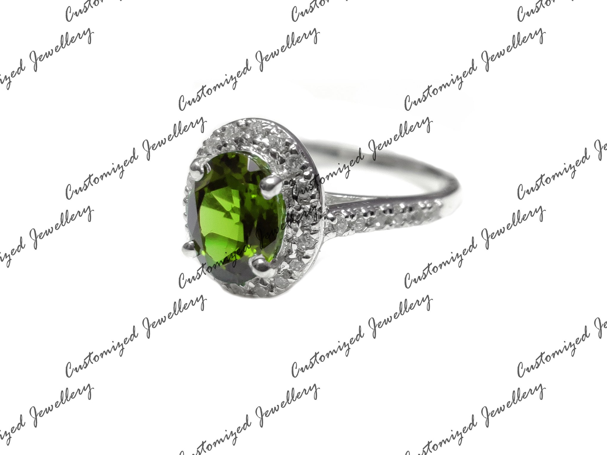Natural Peridot Engagement Ring Solid Silver Peridot Halo Engagement Ring 7x9 Oval Peridot Engagement Band Peridot August Birthstone Ring