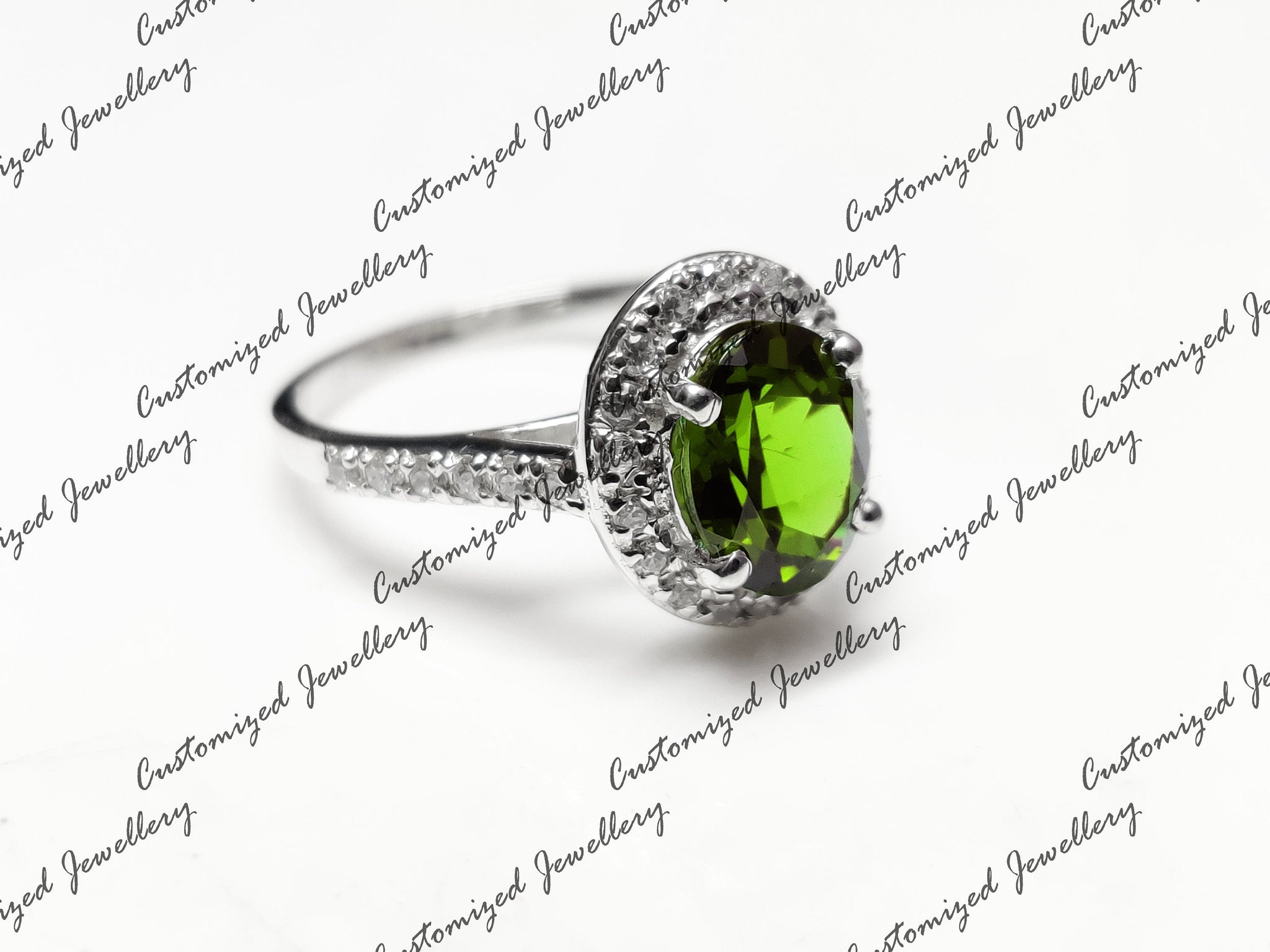 Natural Peridot Engagement Ring Solid Silver Peridot Halo Engagement Ring 7x9 Oval Peridot Engagement Band Peridot August Birthstone Ring