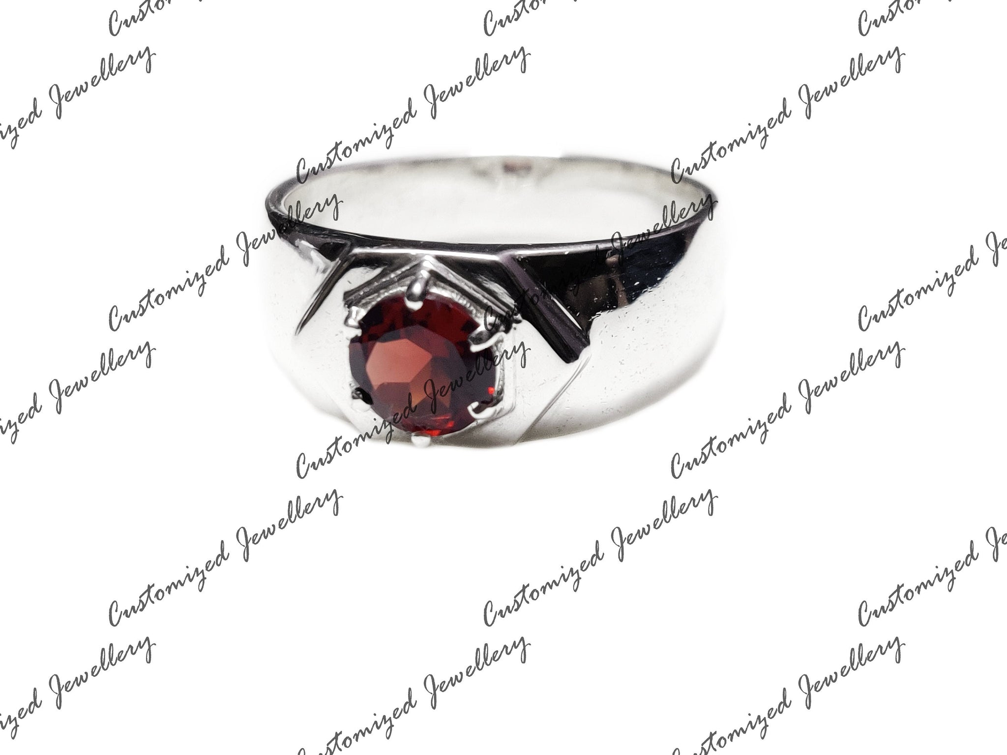 Solid Silver Garnet Band Natural Garnet Mens Band 6 mm Round Garnet Ring Heavy Silver Ring For Men January Birthstone Ring Statement Ring