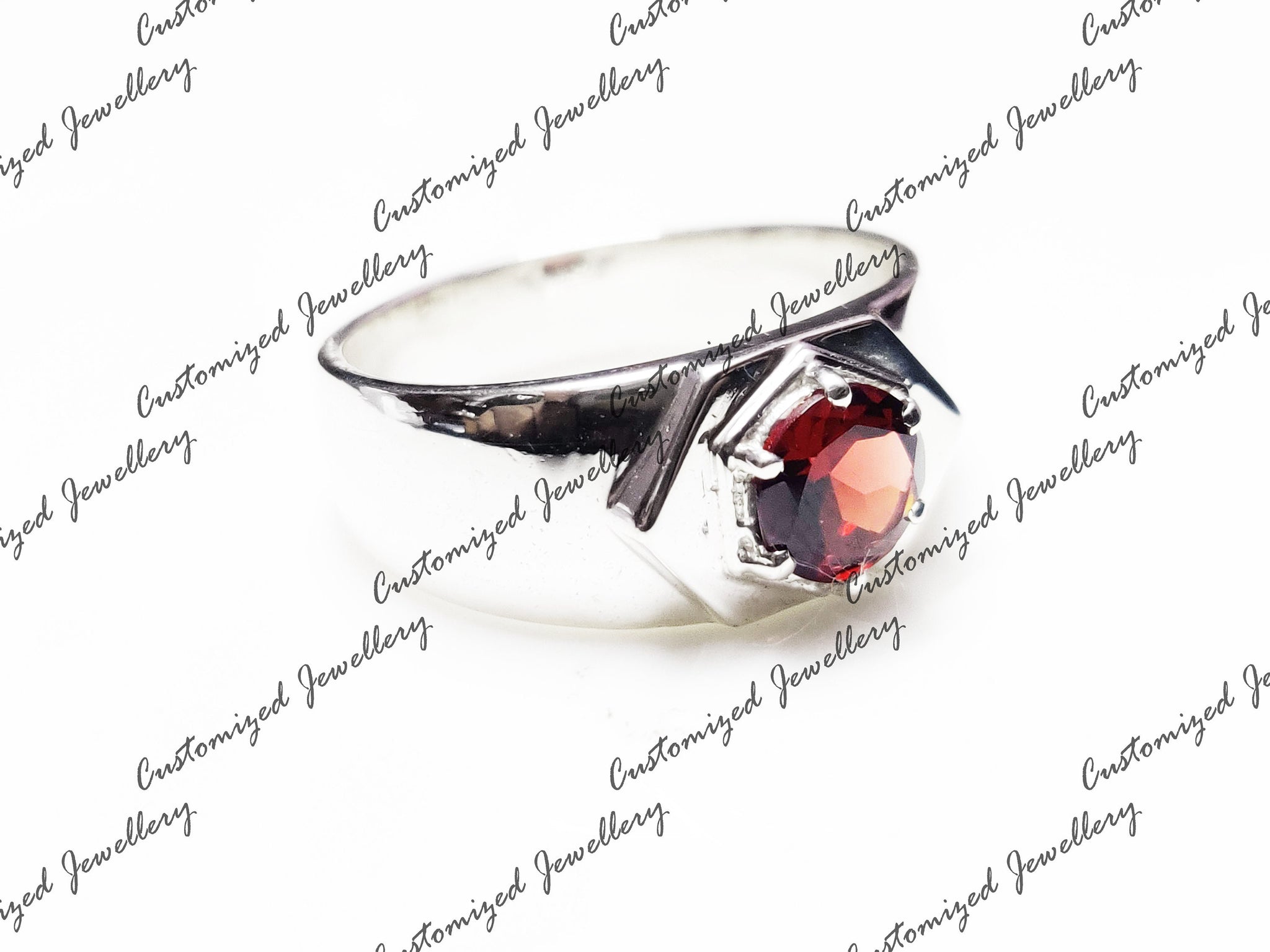Solid Silver Garnet Band Natural Garnet Mens Band 6 mm Round Garnet Ring Heavy Silver Ring For Men January Birthstone Ring Statement Ring